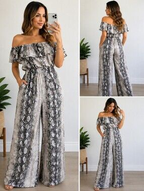 She + Sky NWT Snakeskin Off Shoulder Ruffle Wide Leg Jumpsuit Size M